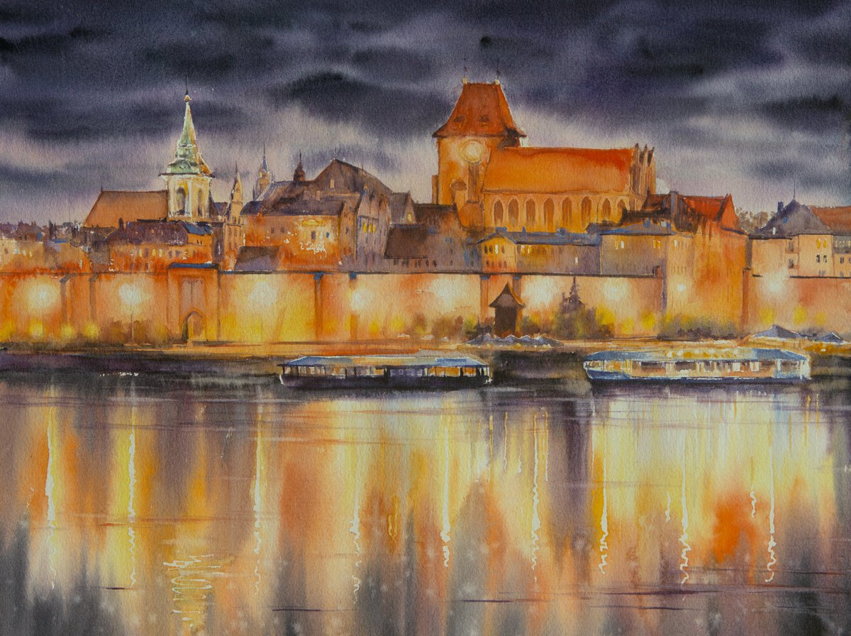 Impressionistic Cityscapes Watercolour By Eve Mazur, 16 X 12, Torun At Night., Original Artwork