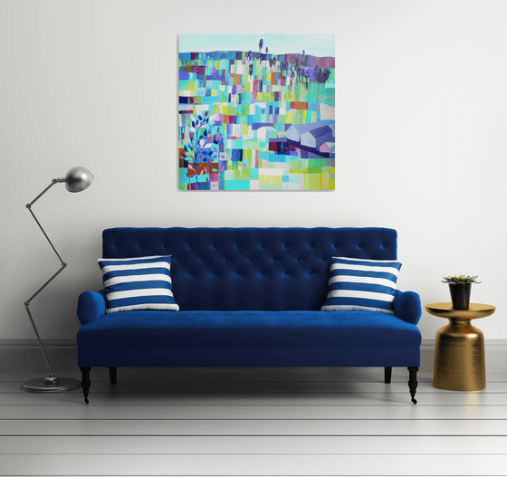 Patchwork landscape (large contemporary semi abstract painting, ready to hang abstract landscape)