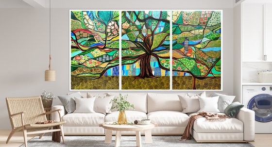 Huge green abstract painting Tree of life. Large abstract wall art