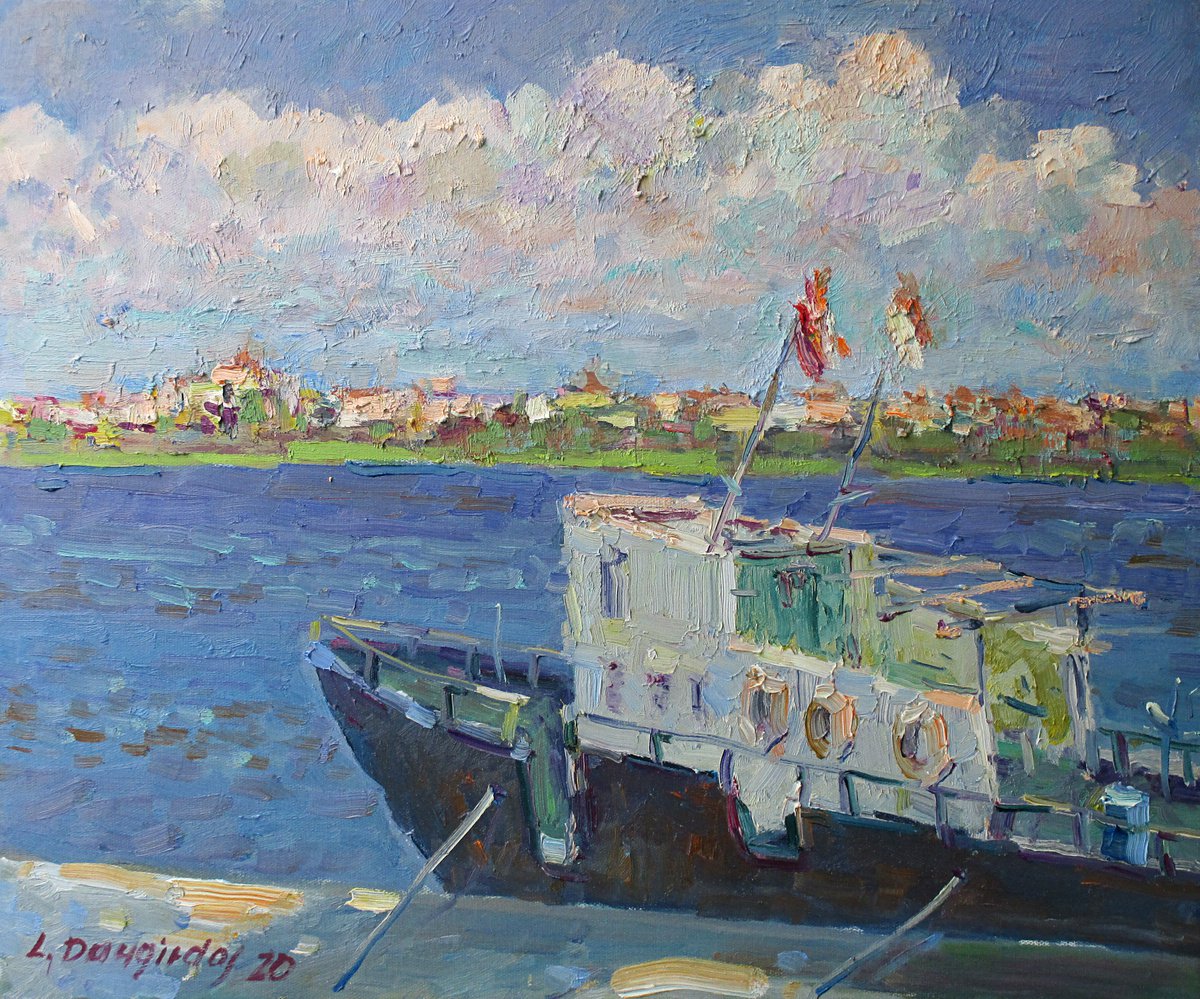Impressionistic Landscape Oil Painting By Liudvikas Daugirdas, 24 X 20", The Boat At The Quay, Original Artwork