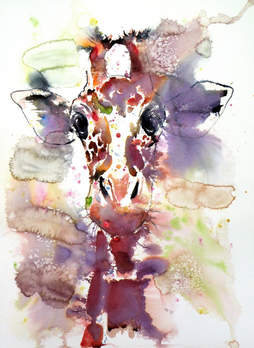 Expressive Animal Watercolour By Kovacs Anna Brigitta, 22 X 30", Cute Giraffe, Original Artwork