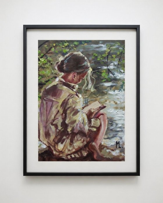 " WAITING FOR SPRING WITH BOOK ON LAKE "