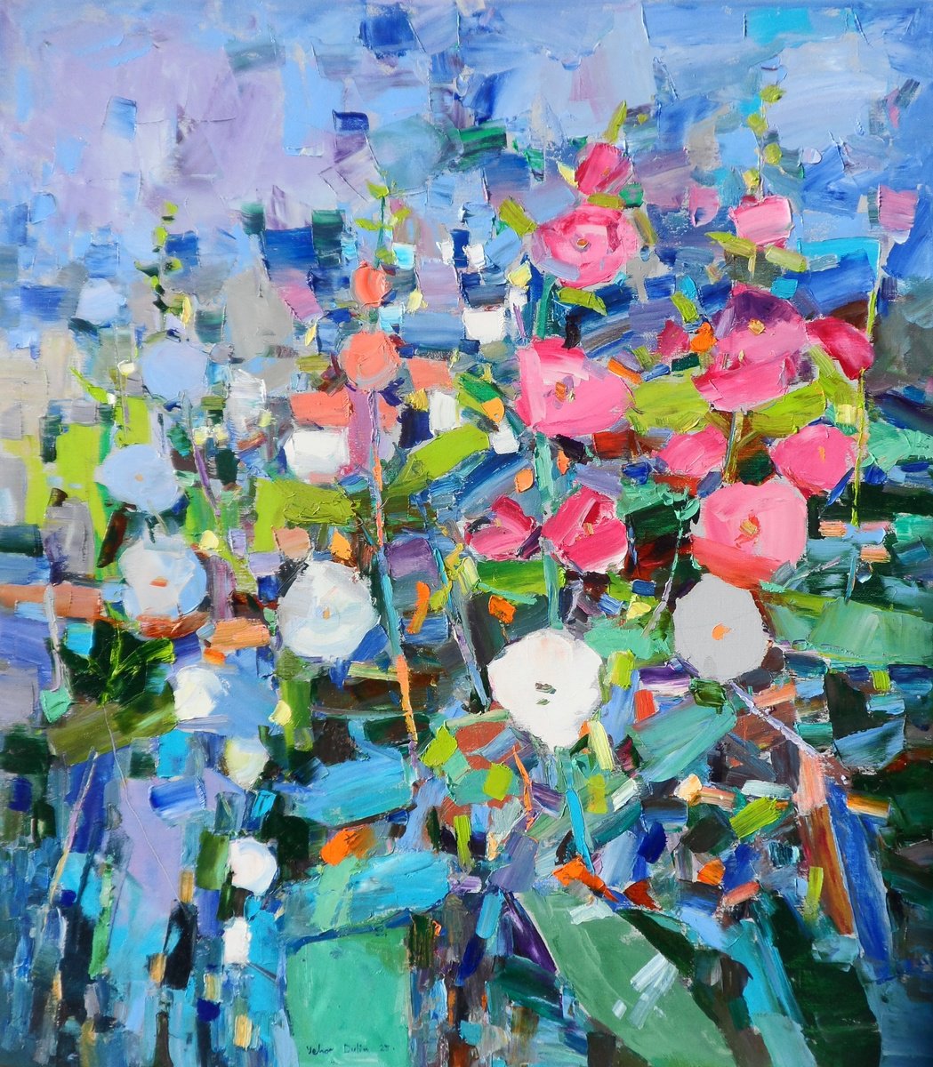 Impressionistic Botanical Oil Painting By Yehor Dulin, 28 X 31", «Mallows», Original Artwork
