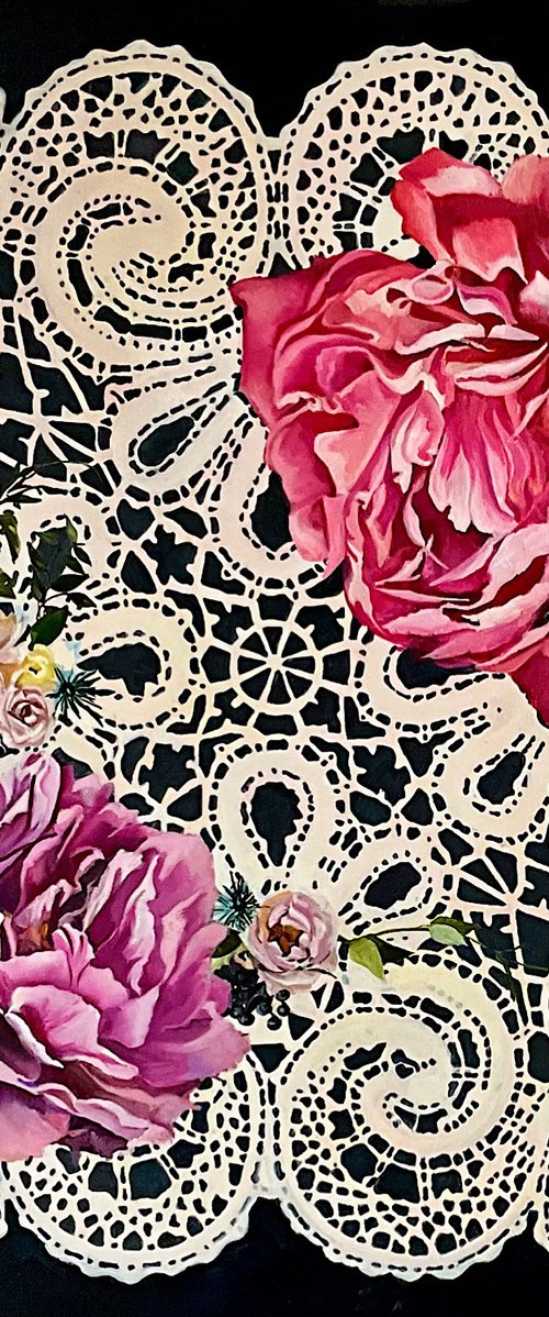 Peonies on Lace. by Natalia Lugovskaya