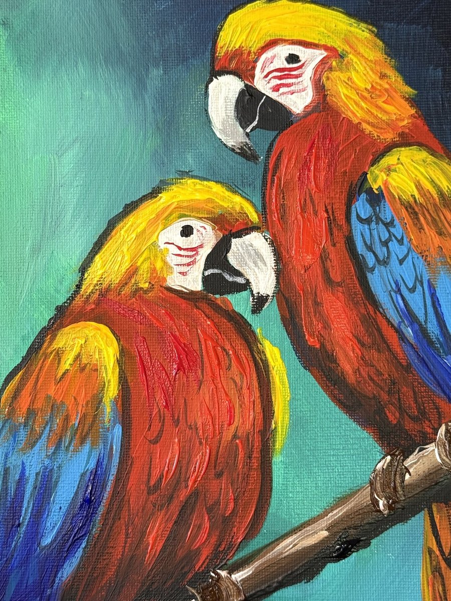Impressionistic Animal Acrylic Painting By Aisha Haider, 12 X 16, Vibrant Macaws, Original Artwork