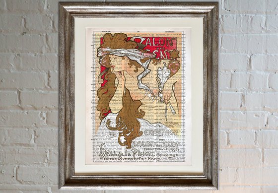 Salon des Cent XXeme Exposition - Collage Art Print on Large Real English Dictionary Vintage Book Page