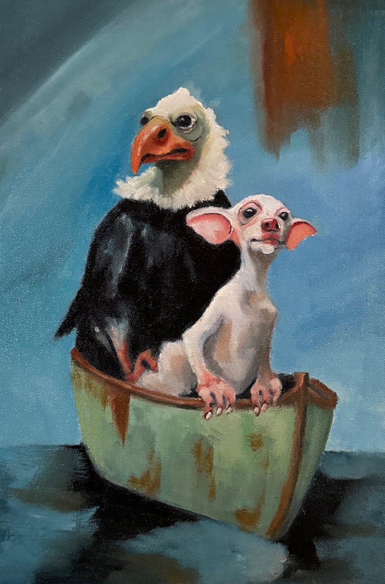 Illustrative Animal Oil Painting By Lola Jovan, 11 X 17", Our Friendship Is Quite Unique, Original Artwork