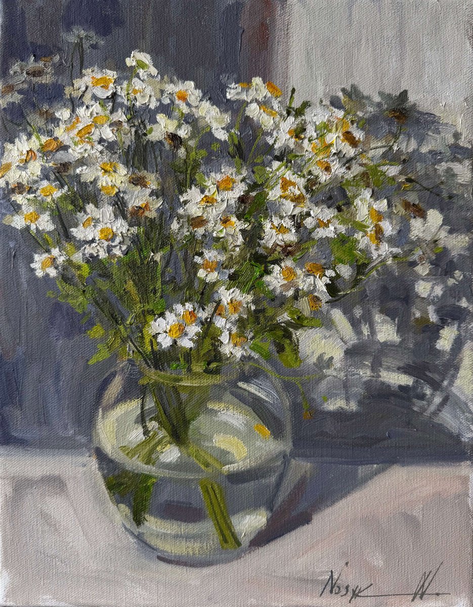 Impressionistic Botanical Oil Painting By Nataliia Nosyk, 11 X 14", Chamomile, Original Artwork