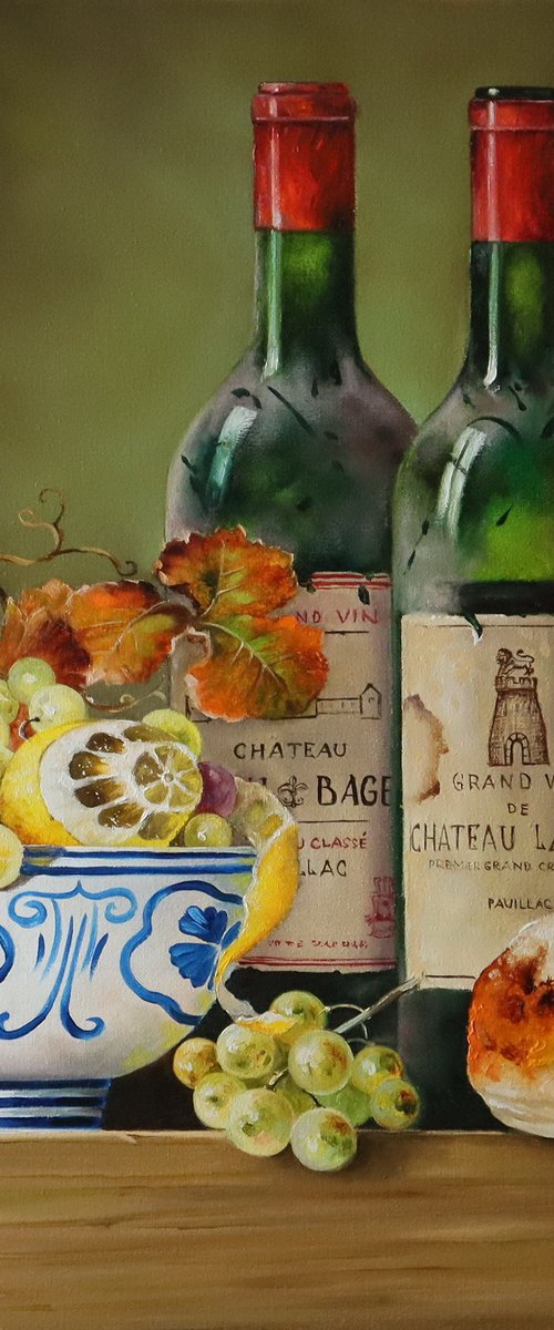 Still life with wine bottle and bowl of fruit by Natalia Shaykina