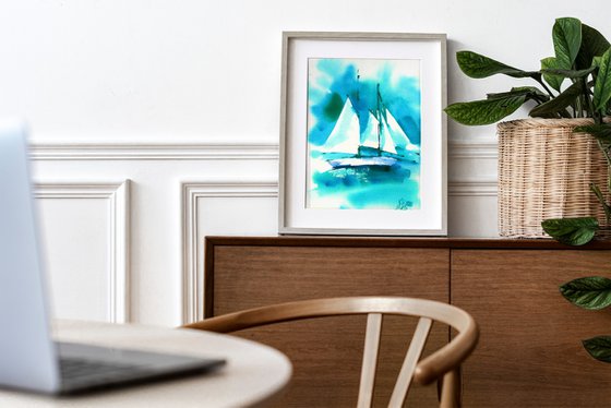 "White sailboat in the turquoise sea" abstract summer watercolor