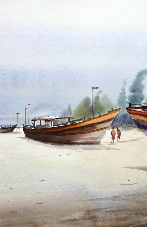 Fishing Boats at Morning Seashore - Watercolor painting by Samiran Sarkar