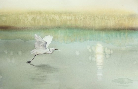 Serenity -  lake -  flying egret - white egret - original watercolor landscape