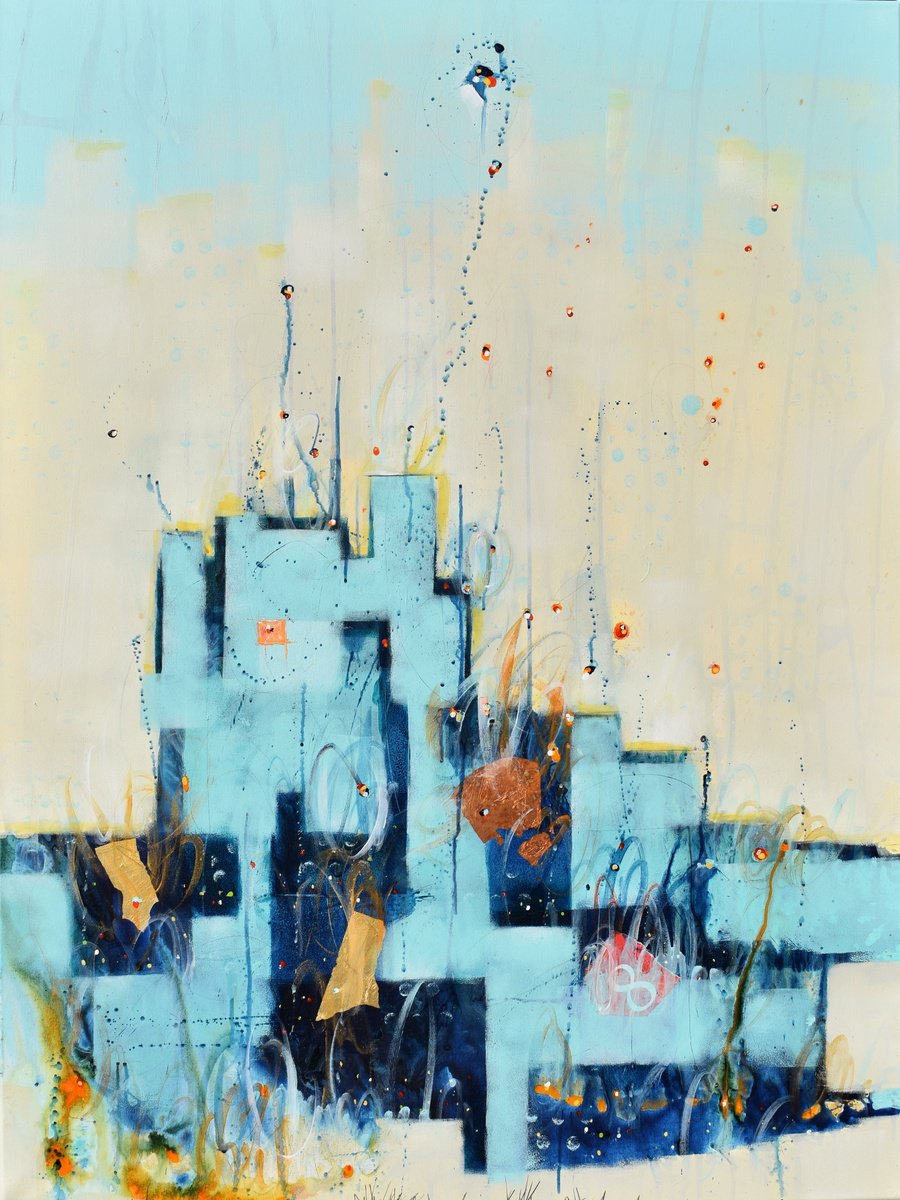 Geometric Abstract Painting By Cynthia Ligeros, 36 X 48, Spirit Of Twilight, Original Artwork