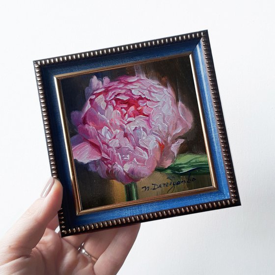 Small oil painting original framed art pink peony flower 4x4 in frame