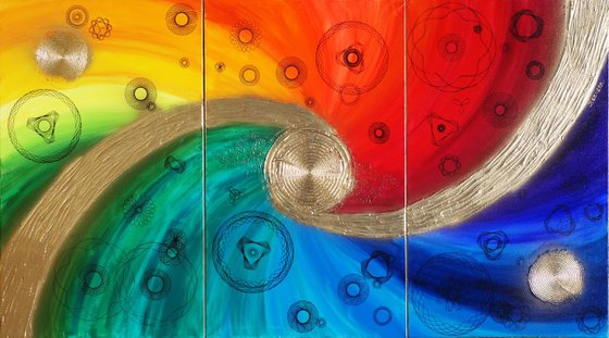 Rainbow Gold Large painting A297 100x180x2 cm set of 3 original acrylic paintings on stretched textured canvas