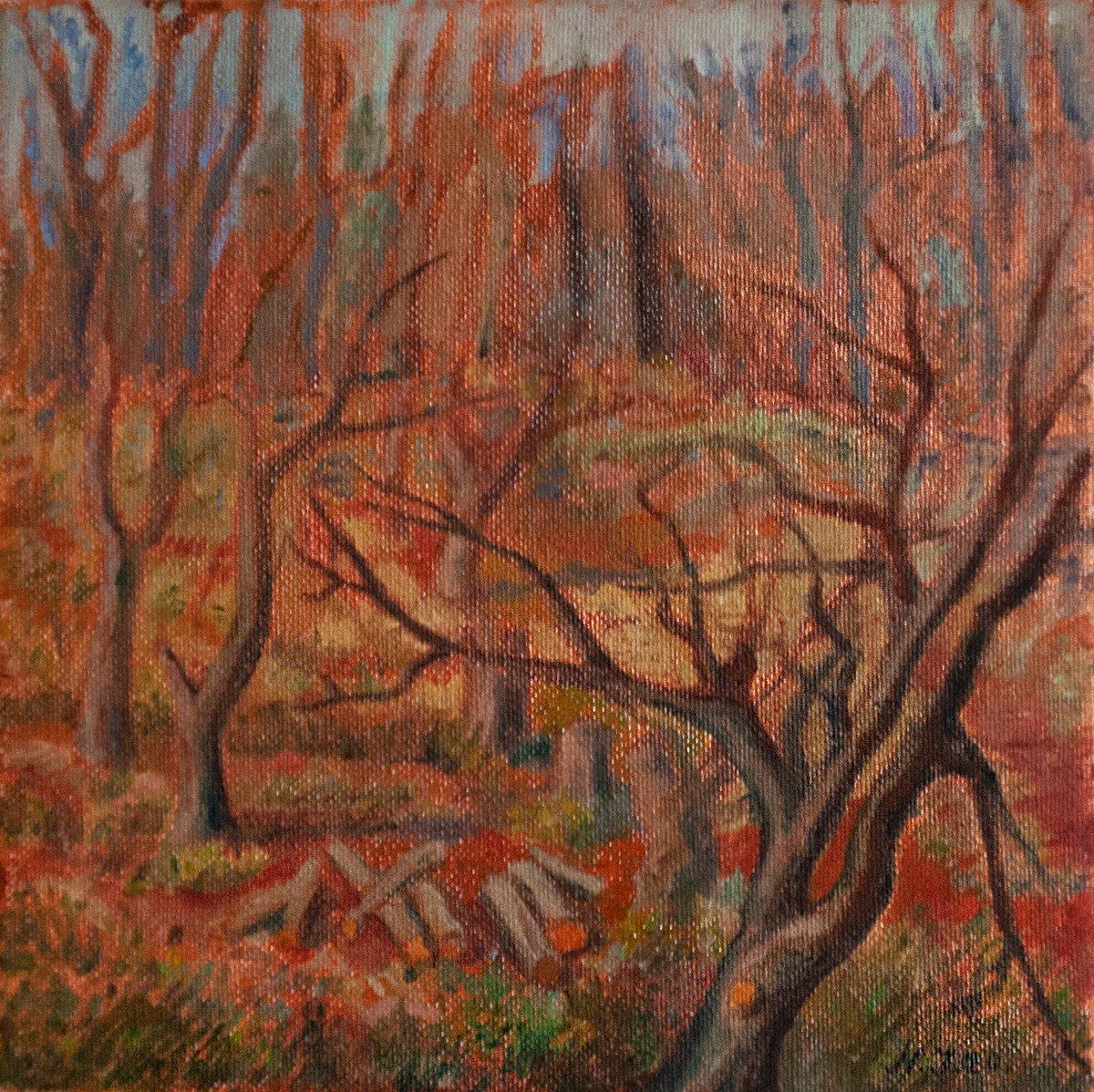 Impressionistic Landscape Oil Painting By Nikola Ivanovic, 8 X 8", Red Orchard, Original Artwork