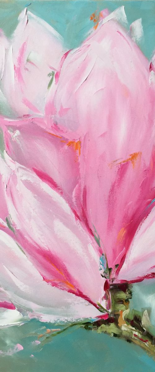 Spring Magnolia 30"x30" oil on canvas with brush and palette knife by Emma Bell