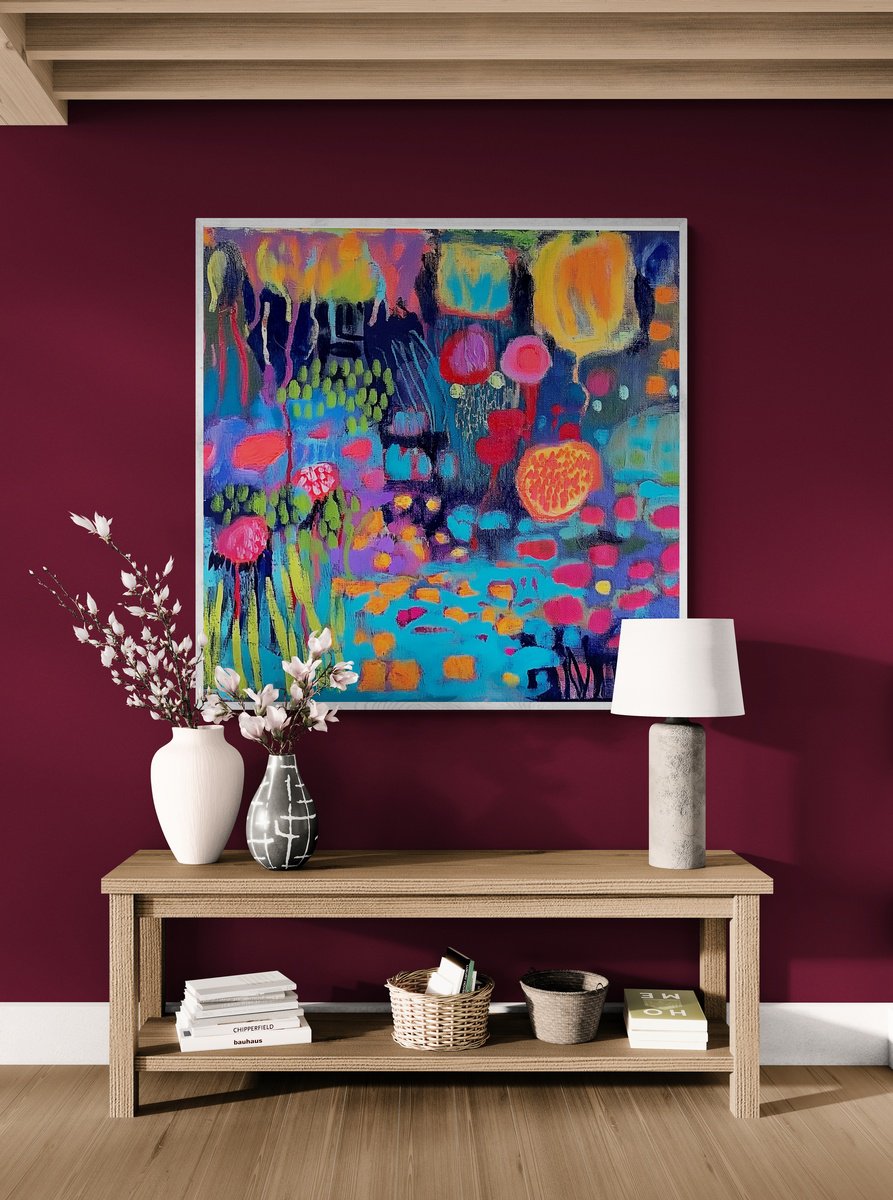 Abstract Acrylic Painting By V+V Kniazievi, 43 X 43", Colorful Day #2, Original Artwork