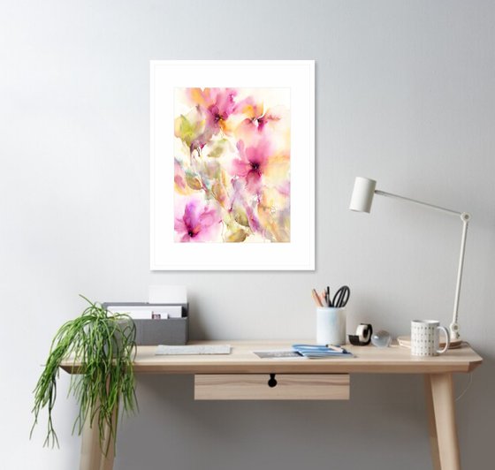 Abstract flowers, pink floral watercolor bouquet