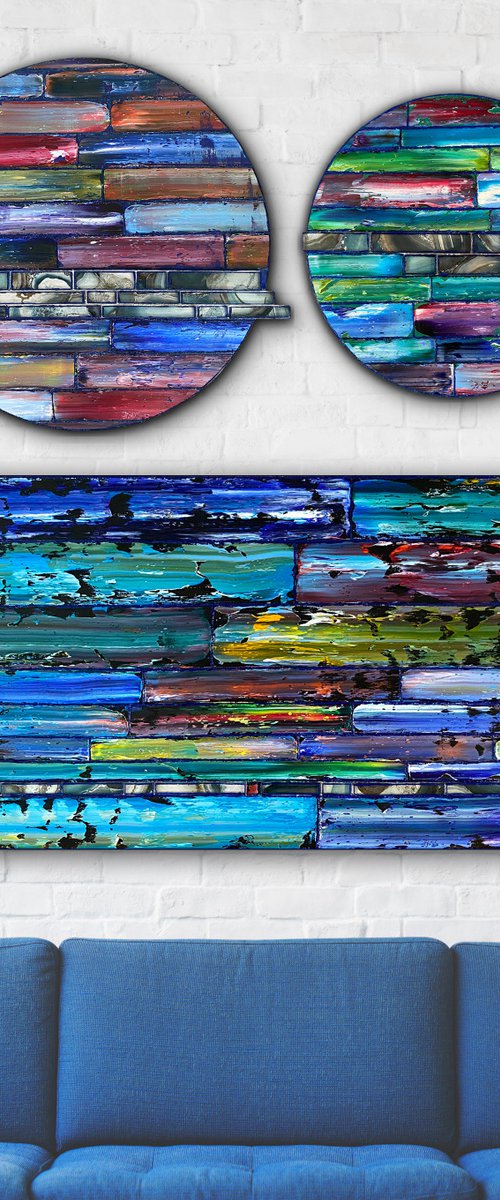 "Are You Not Entertained?" - Save As A Series - Original PMS Sculptural Mixed Media Painting Assemblage Triptych On Circular and Rectangular Wooden Panels - 48 x 48 inches by Preston M. Smith (PMS)