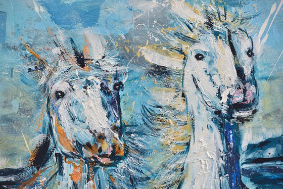 Horse painting - WE ARE FREE TO DELIGHT 200 x 180 x 4 cm Equine art by Oswin Gesselli