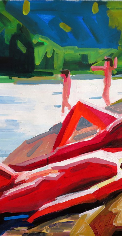 lake scene with bathers by Stephen Abela