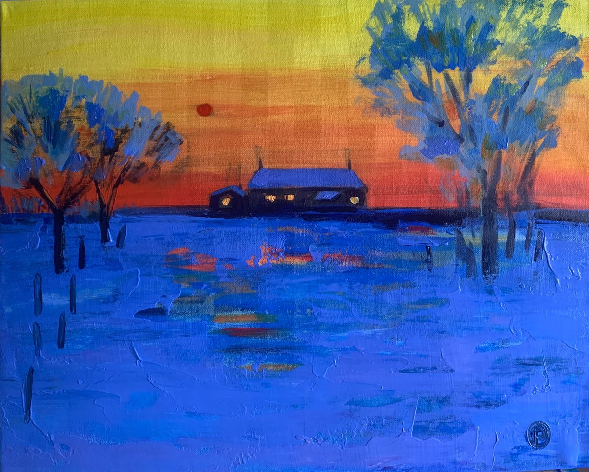 Impressionistic Landscape Acrylic Painting By Olga Pascari, 16 X 12", Winter, Original Artwork