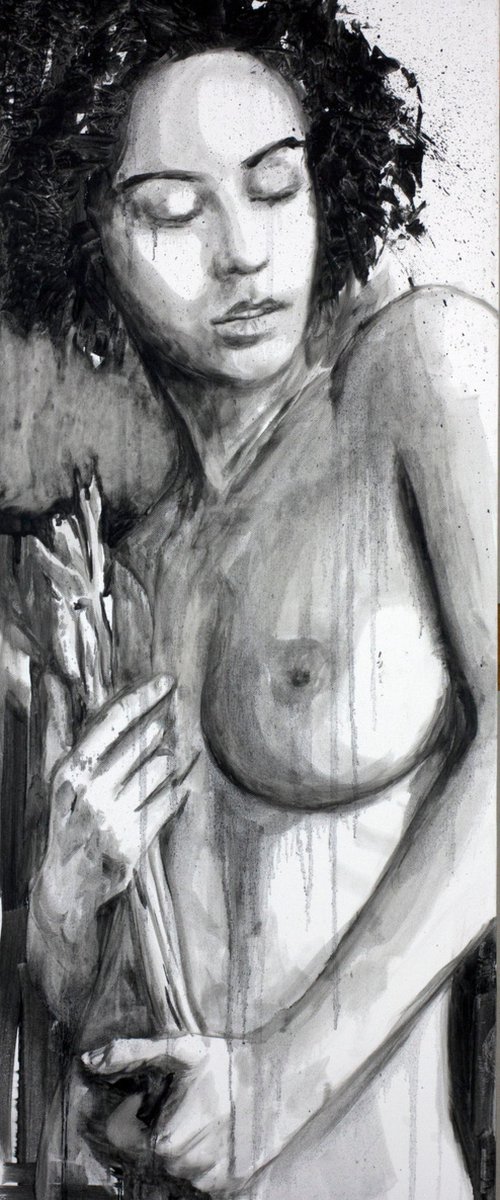 The girl in the black and white painting is holding something that resembles flowers. by Alexandr Klemens