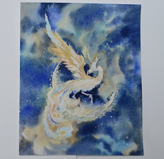 Lunar Firebird, Fantasy bird in watercolour