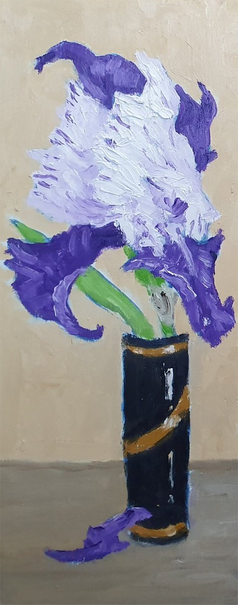 Botanical Oil Painting By Colin Ross Jack, 6 X 16, Single Iris Vii, Original Artwork