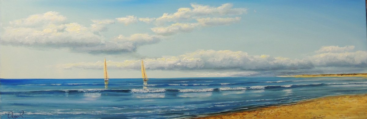 Impressionistic Landscape Oil Painting By Olga Riabchuk, 35 X 12", Vastness Of The Sea, Original Artwork