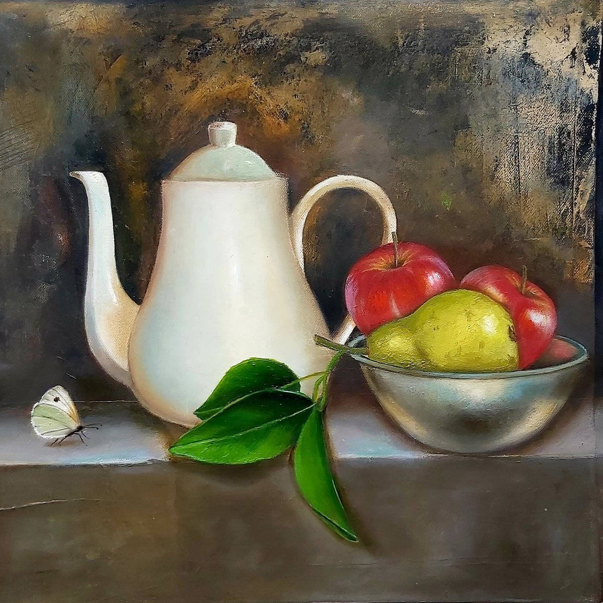 Photorealistic Still Life Oil Painting By Priyanka Singh, 12 X 12", Three Fruits And Butterfly, Original Artwork