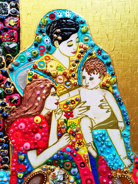 Grandma mom baby family portrait painting. PRECIOUS STONES glass mosaic art