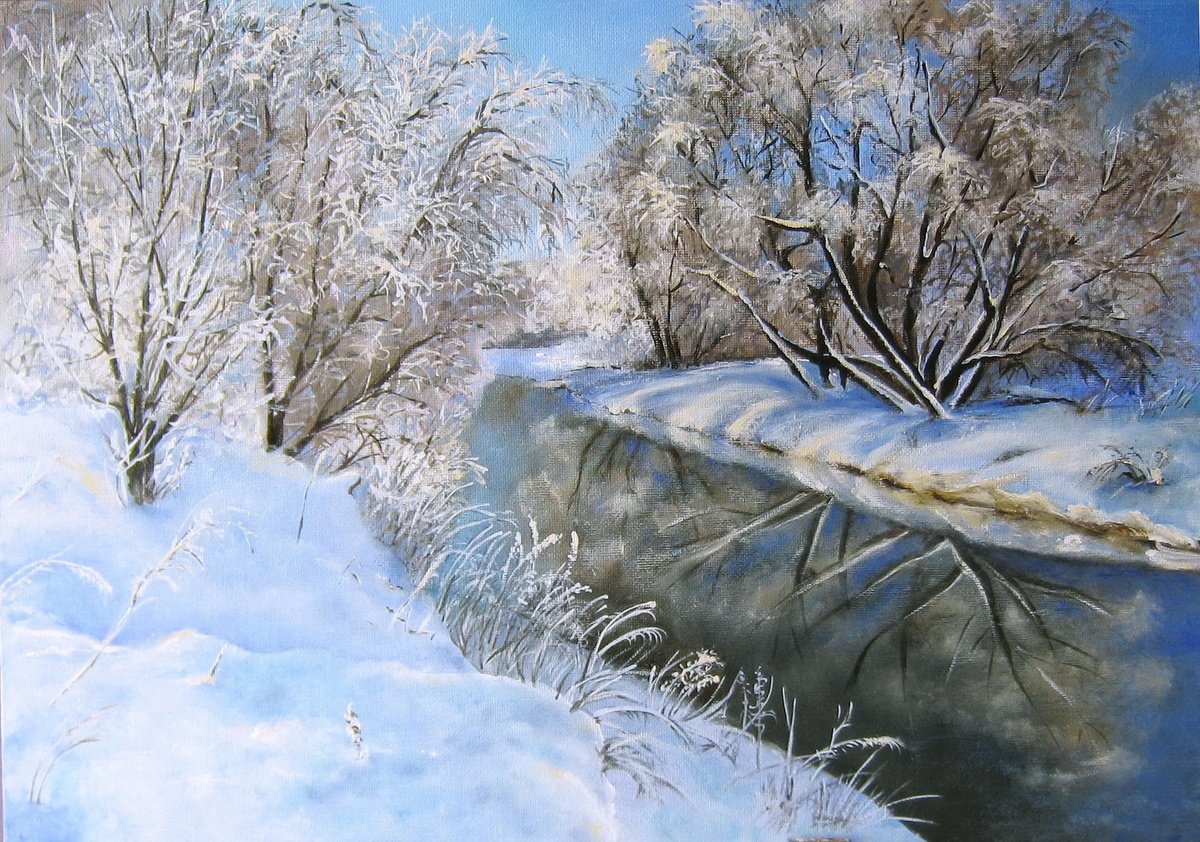 Impressionistic Landscape Oil Painting By Natalia Shaykina, 20 X 14", Winter, Original Artwork