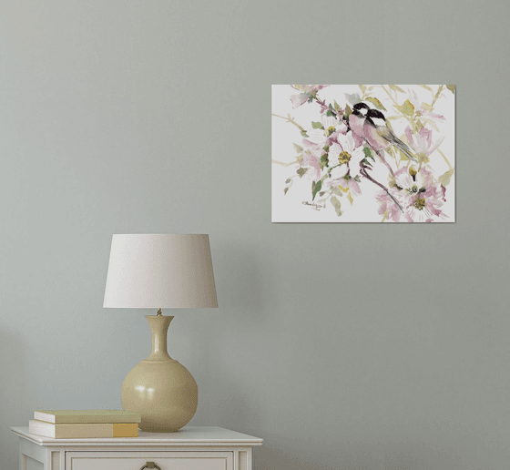 Chickadee Birds and Dogwood Flowers