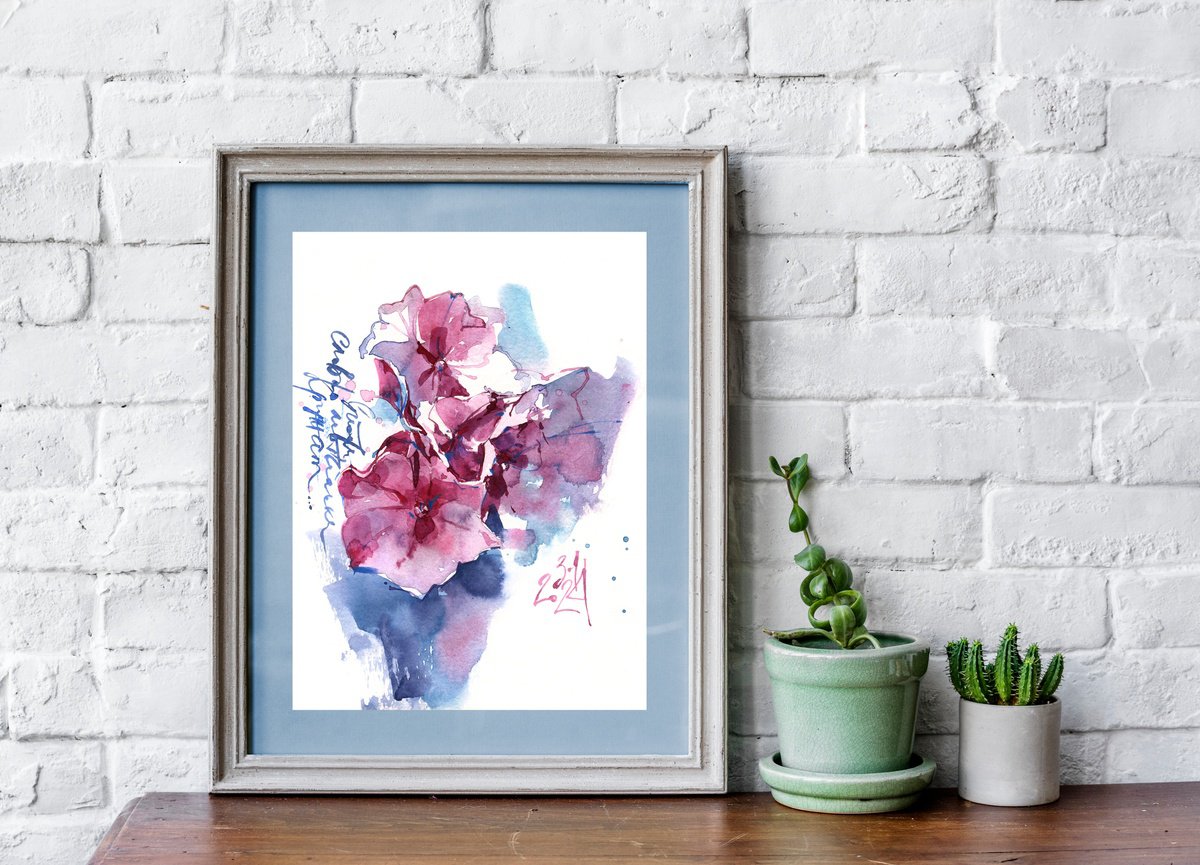 Hydrangea. Pink Butterflies original watercolor painting of hydrangea flowers, in small... by Ksenia Selianko