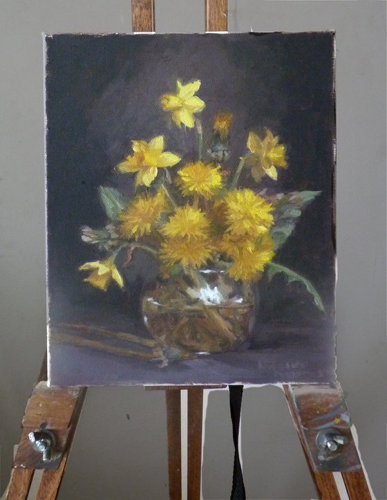 Still life with daffodils and dandelions