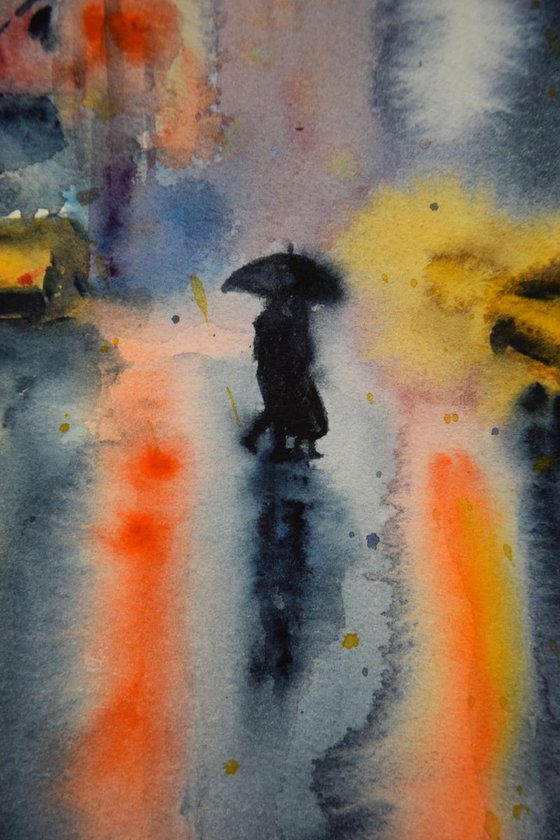 Rainy night New York original watercolor painting, abstract cityscape