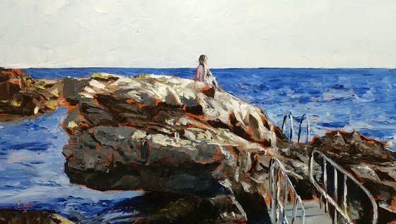 Pure joy - large seascape painting with girl sitting on the rocks, with silence and inner joy