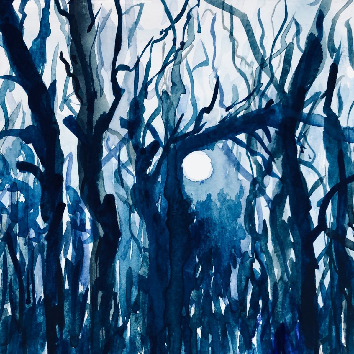 Expressive Landscape Watercolour By Shabs Beigh, 48 X 36", Moonlit Sky, Original Artwork