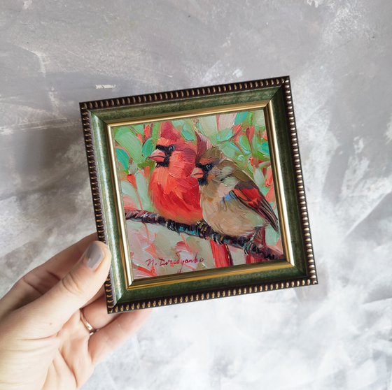 Cardinal Birds couple painting original art 4x4, Mini picture frame birds on branch artwork, Anniversary gift