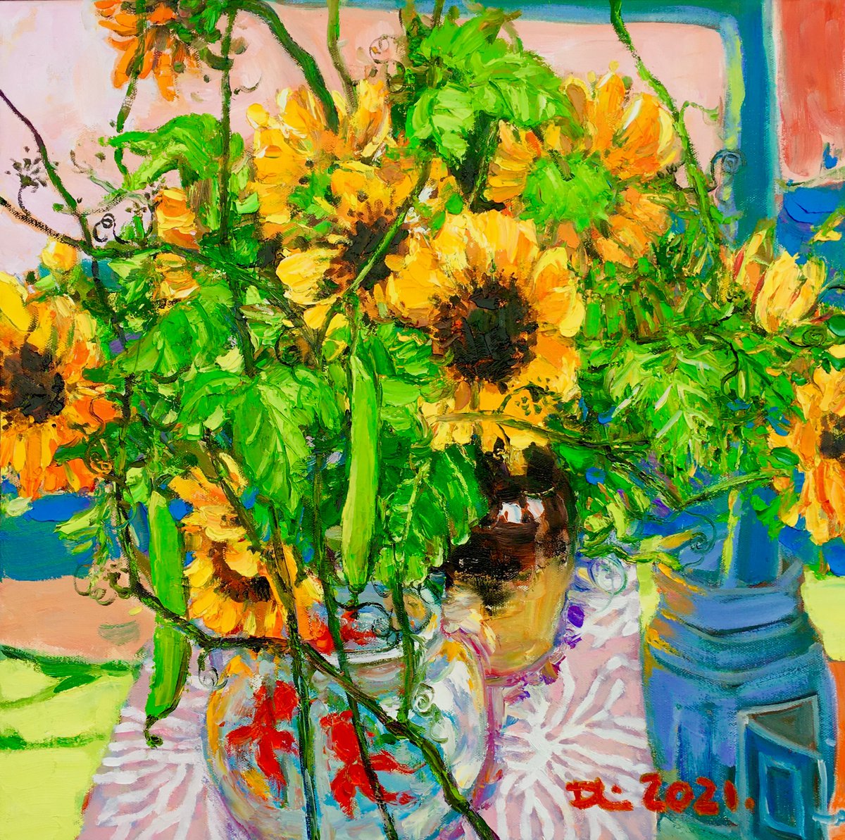 Impressionistic Botanical Oil Painting By Dong Lin Zhang, 24 X 24, Sunflowers, Original Artwork