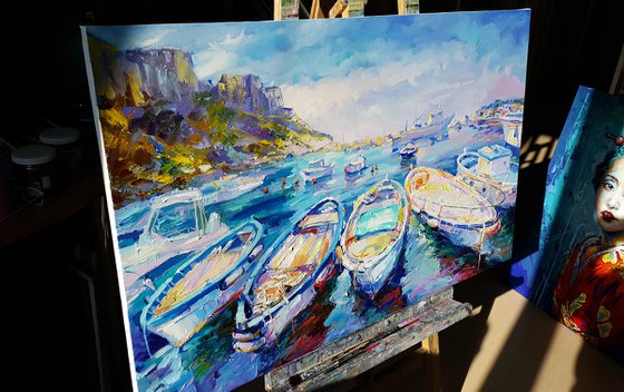 Rowing boats - painting landscapes Italy, Seascape Procida island