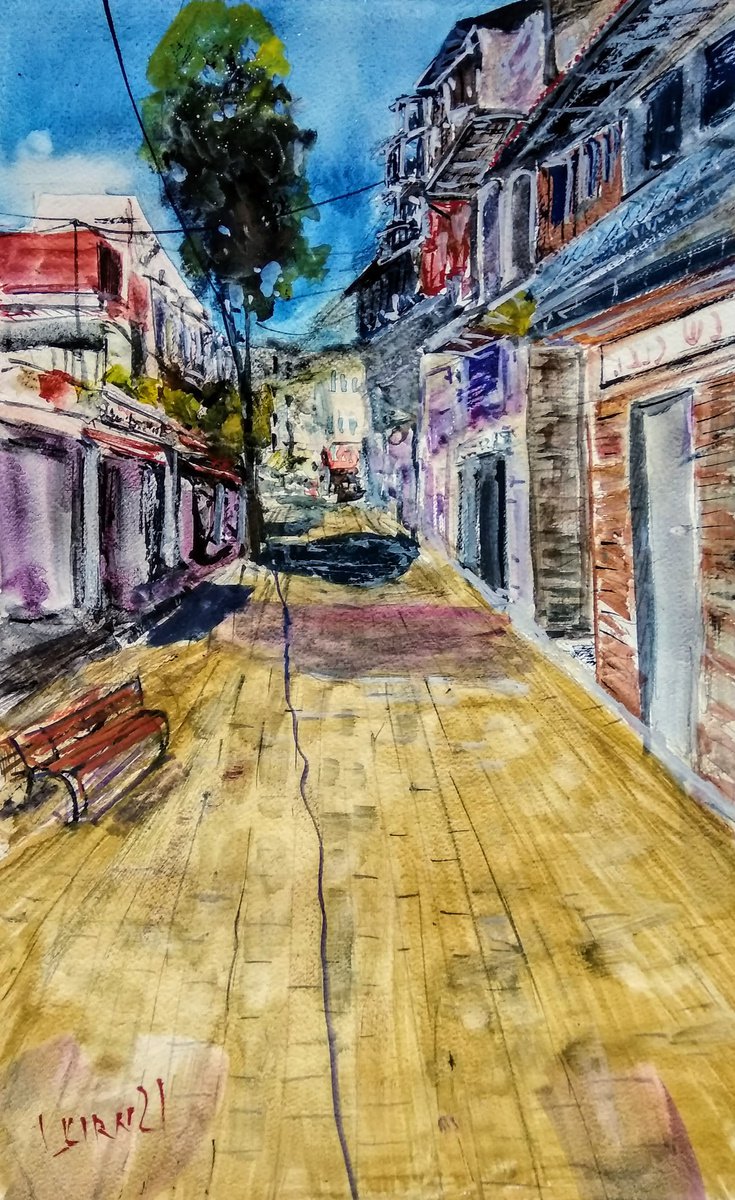 Impressionistic Cityscapes Painting By Leonid Kirnus, 11 X 18", The Old Street In Haifa, Original Artwork
