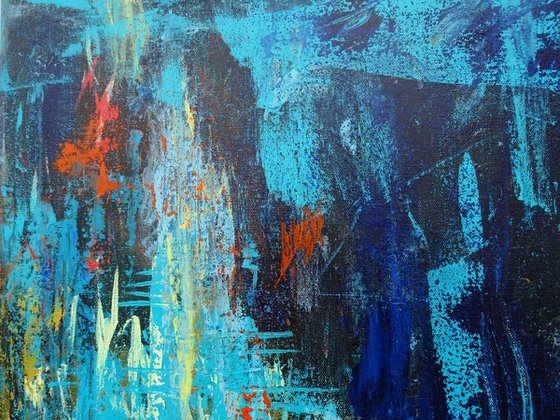 Large Abstract Landscape Painting. Blue, Red, Teal, Brown. Modern Textured Art