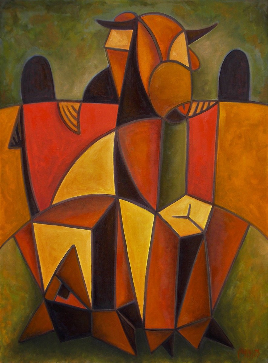 Geometric Abstract Oil Painting By Malasits Zsolt, 35 X 47", Corrida, Original Artwork