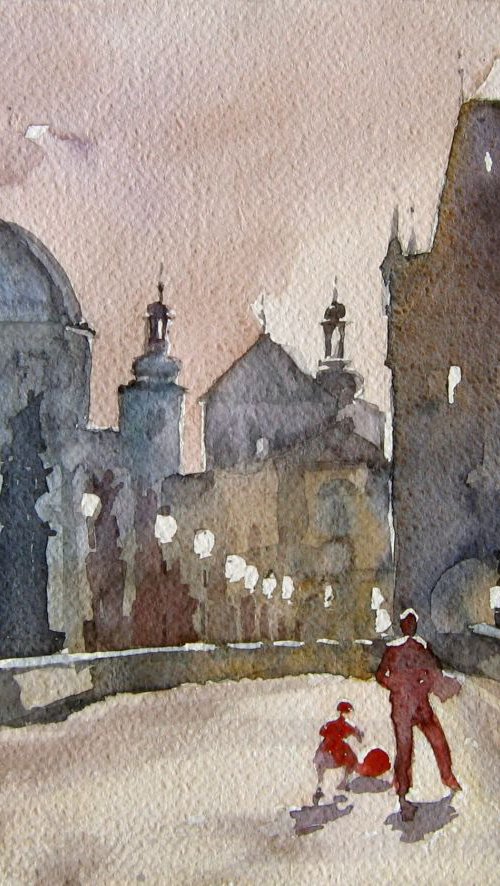 Walkers on the Charles bridge by Goran Žigolić Watercolors