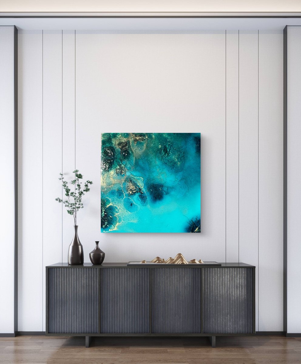 Organic Landscape Acrylic Painting By Ana Hefco, 24 X 24, Golden Halo, Blue Depth #5, Original Artwork