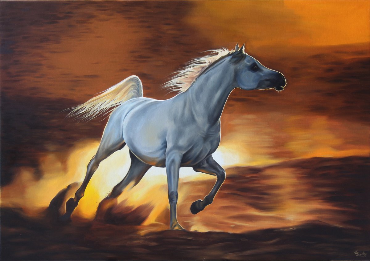 Photorealistic Animal Oil Painting By Marie Madej, 39 X 28", Arabian Run, Original Artwork