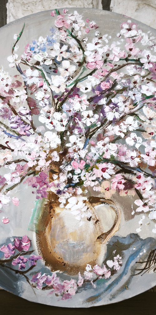 Sakura on round canvas. by Annet Loginova